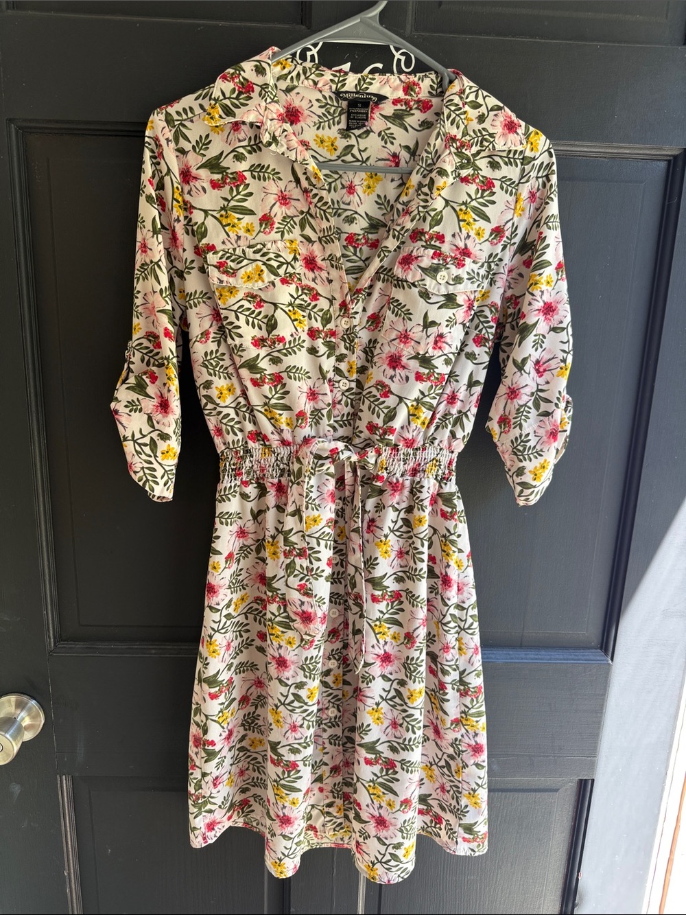 Women’s Floral Tie-Waist Midi Dress - White with Pink & Yellow Flowers